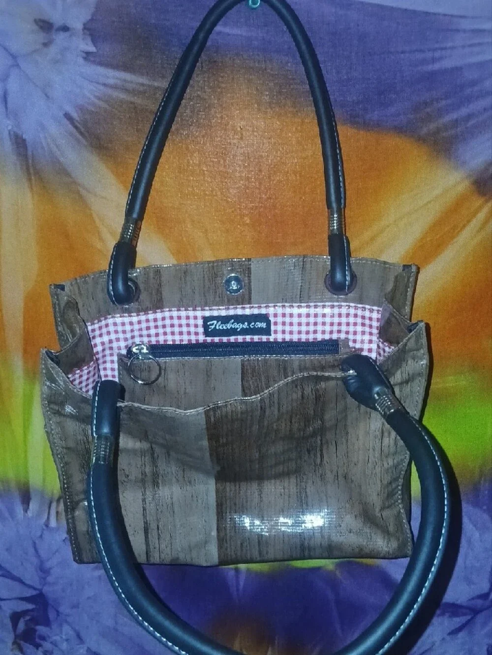 Fleebags Oil Cloth Faux-Wood Tote W/ Gingham Interior